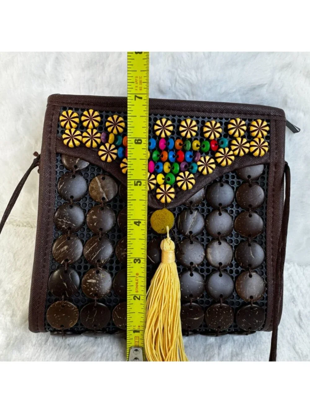 Handcrafted Coconut Shell Crossbody Bag Beaded Accents Tassel Boho Chic Design